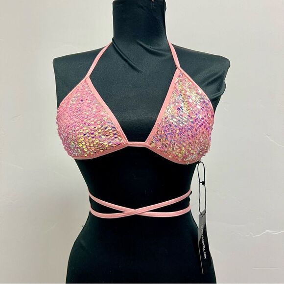 Club Exx x Dolls Kill triangle bikini top coral stretch sparkle festival szL - Picture 6 of 15